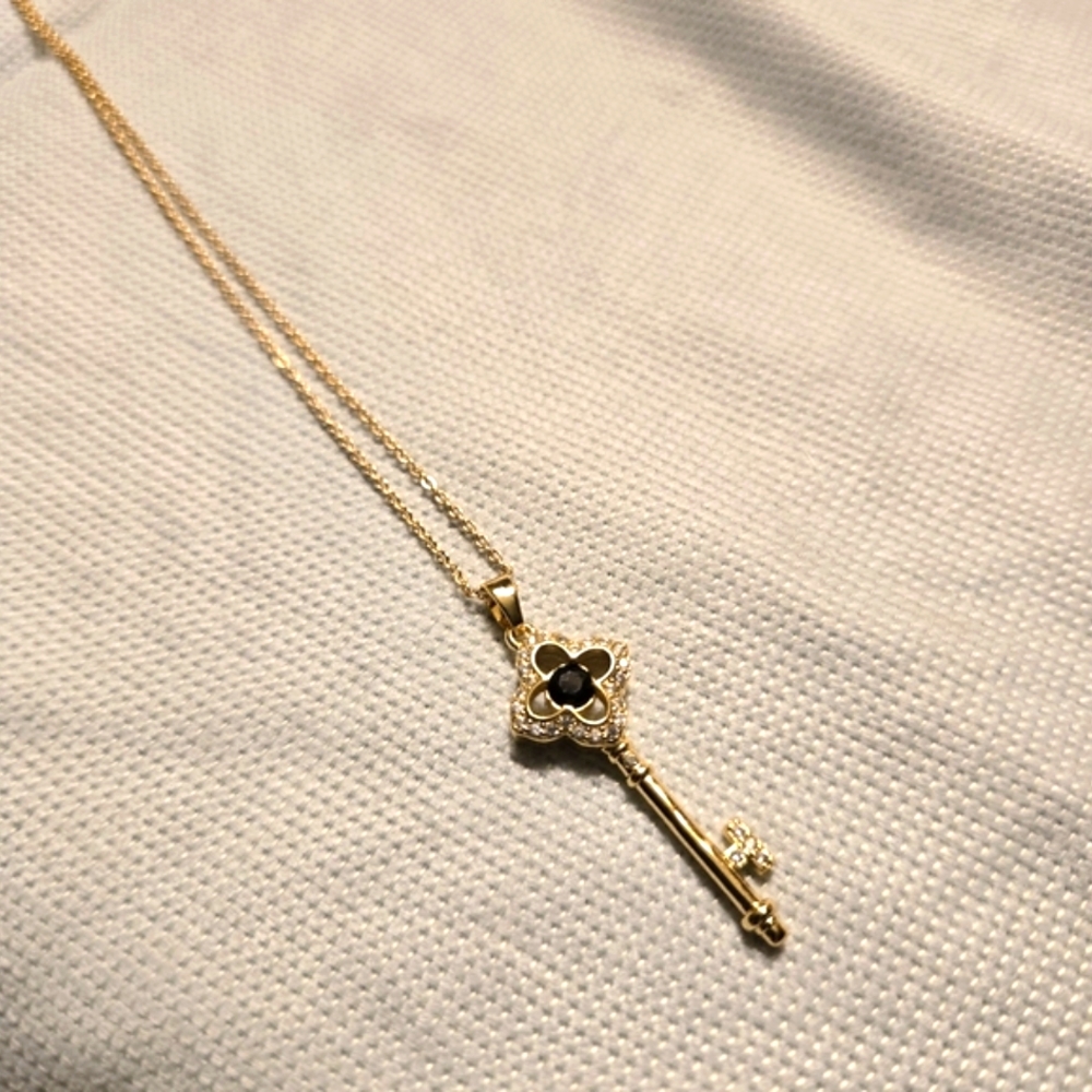 Gold Key Necklace With Rhinestones And Black Crystal